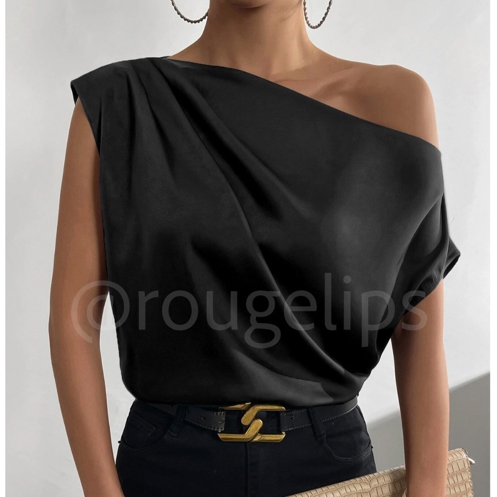 Black Satin Draped Asymmetrical Blouse Top